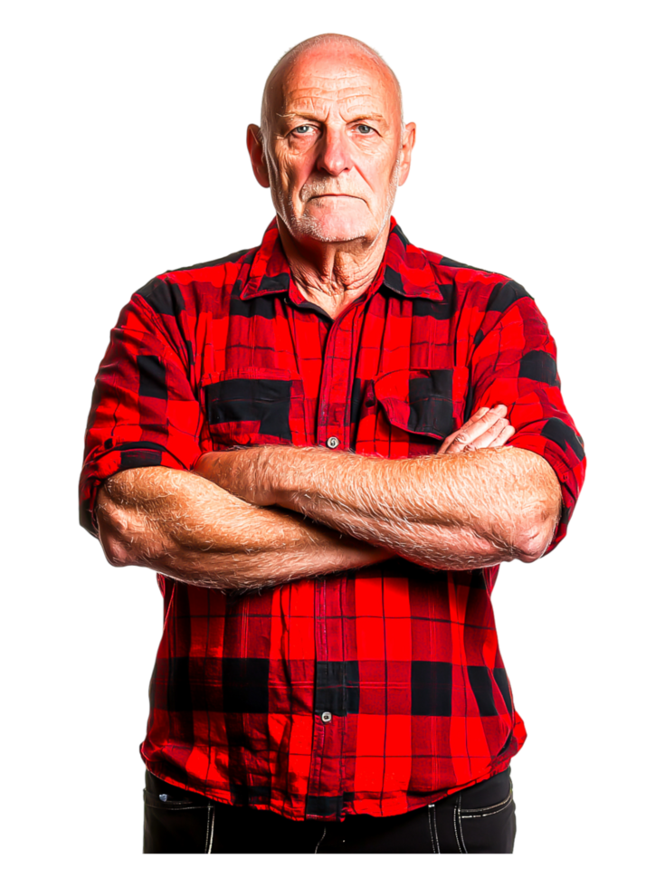 Confident Senior Man with Arms Crossed Wearing Red Flannel Shirt png
