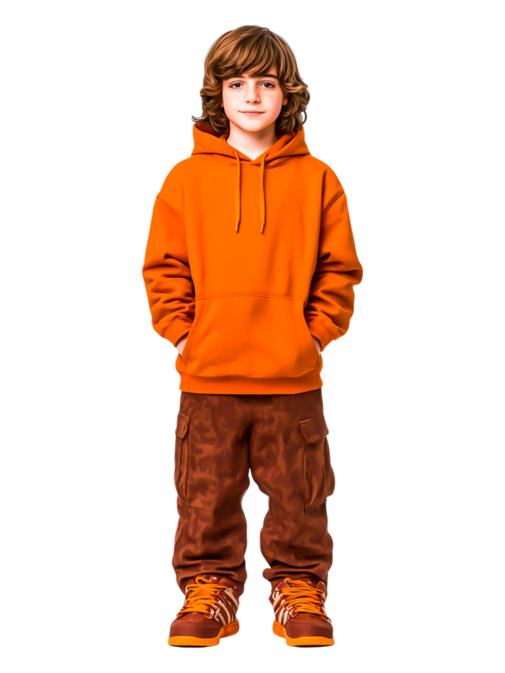 Young Boy in Stylish Orange Hoodie and Casual Pants Outfit png