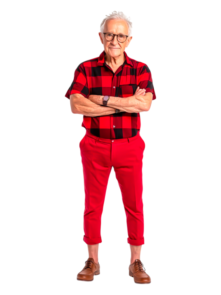 Elderly Man in Stylish Checkered Shirt and Bright Red Pants png