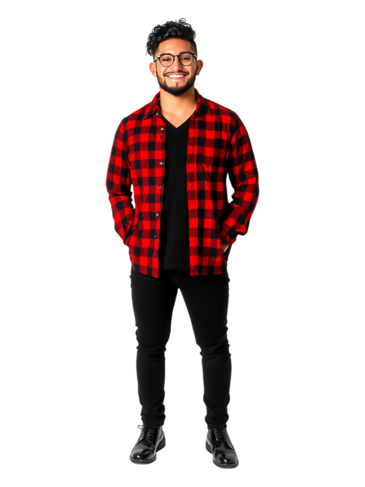 Smiling Young Man in Red and Black Checkered Shirt Posing Confidently png