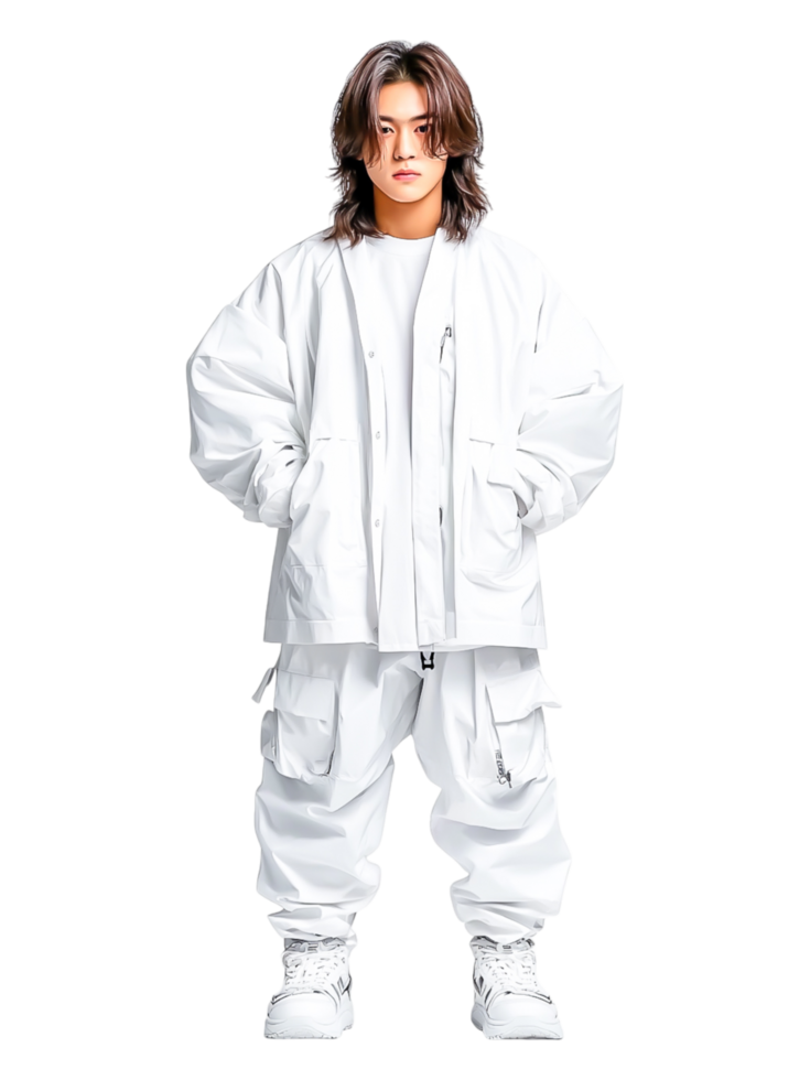Trendy streetwear fashion model posing in all-white outfit style png