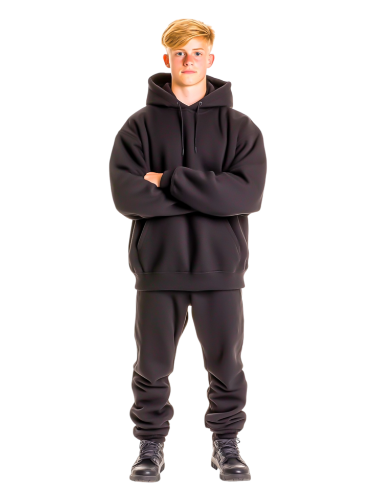 Young Male Model in Black Hoodie and Joggers with Arms Crossed png