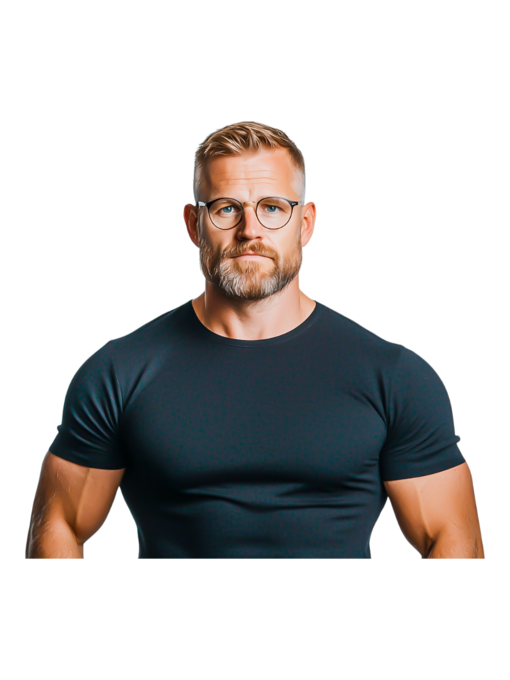 Confident man with glasses and muscular physique in studio setting png