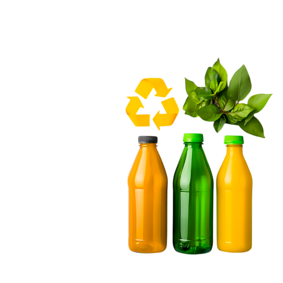 Colorful Bottles with Green Leaves and Recycling Symbol png