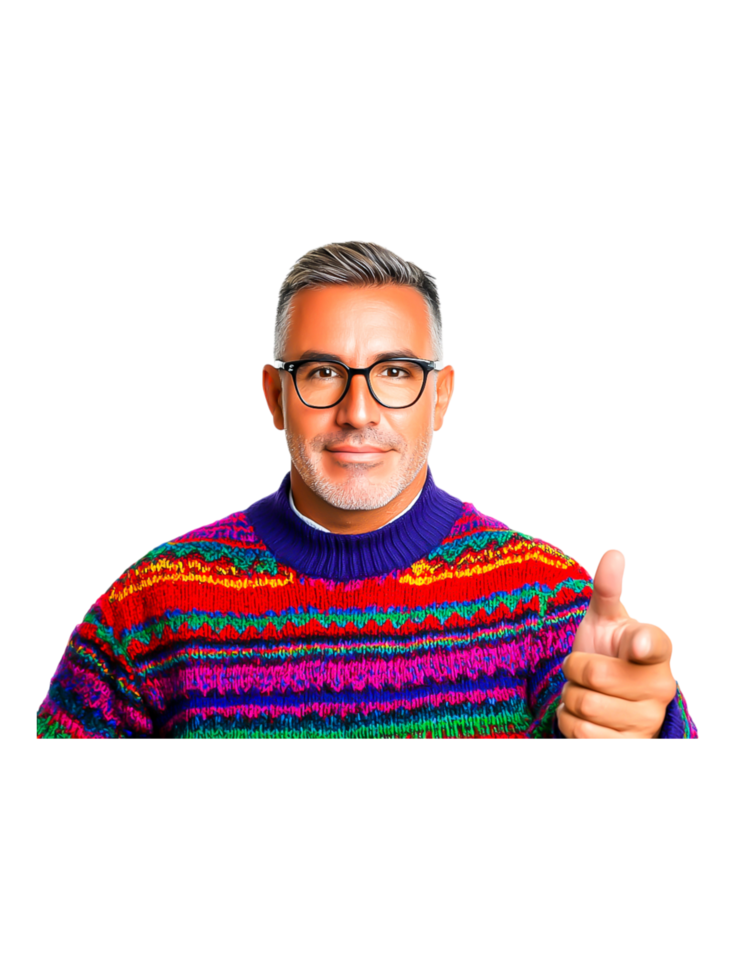 Friendly man in colorful sweater gestures with confidence png