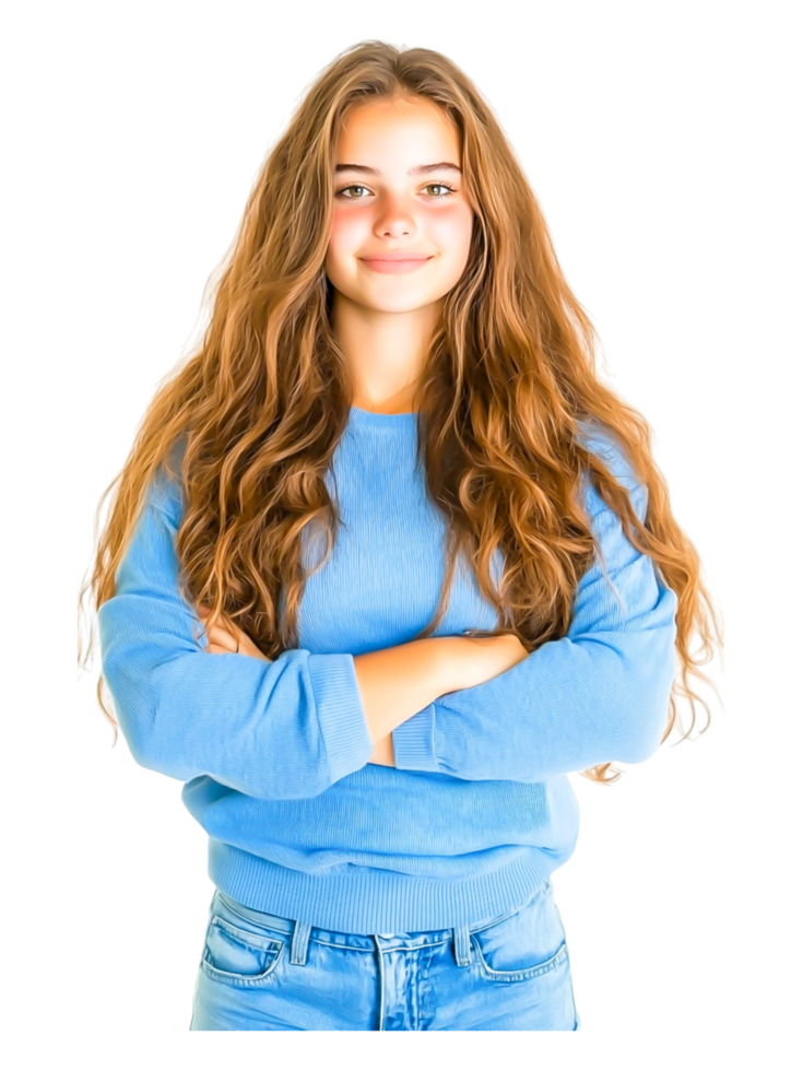 Young Woman with Long Hair Smiling Confidently in Casual Apparel png