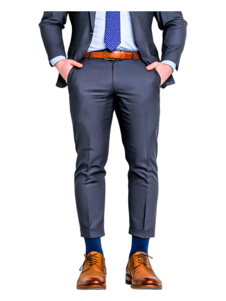 Business Attire with Brown Shoes and Tailored Gray Trousers png
