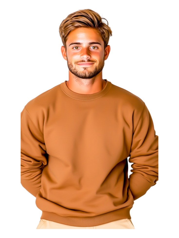 Young Smiling Man in Brown Sweater with Hands Behind Back png
