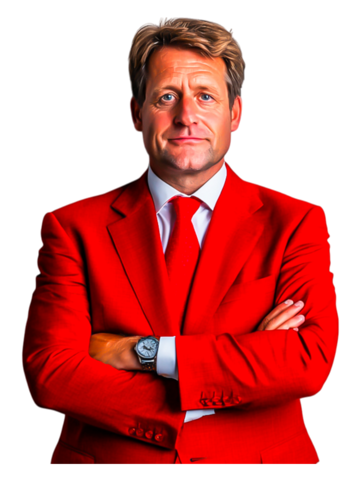 Confident Businessman in Bright Red Suit with Arms Crossed png