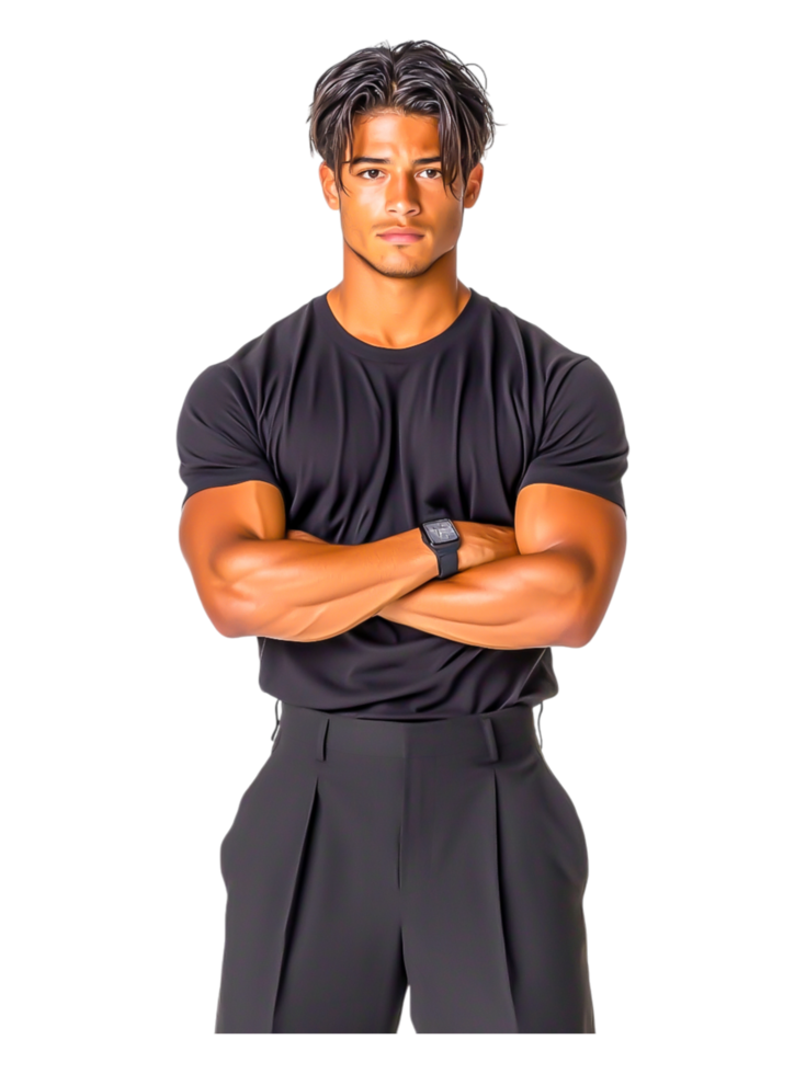 Confident Young Man in Black T-Shirt with Arms Crossed, Studio Shot png
