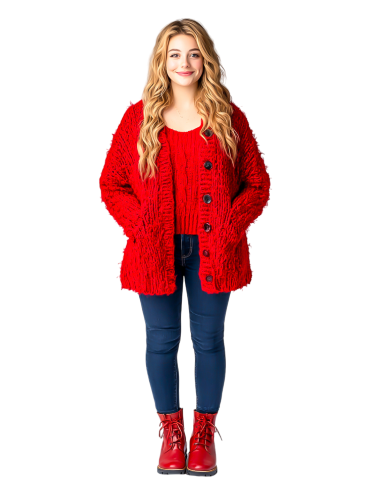 Young Woman in Cozy Red Sweater and Comfortable Attire png