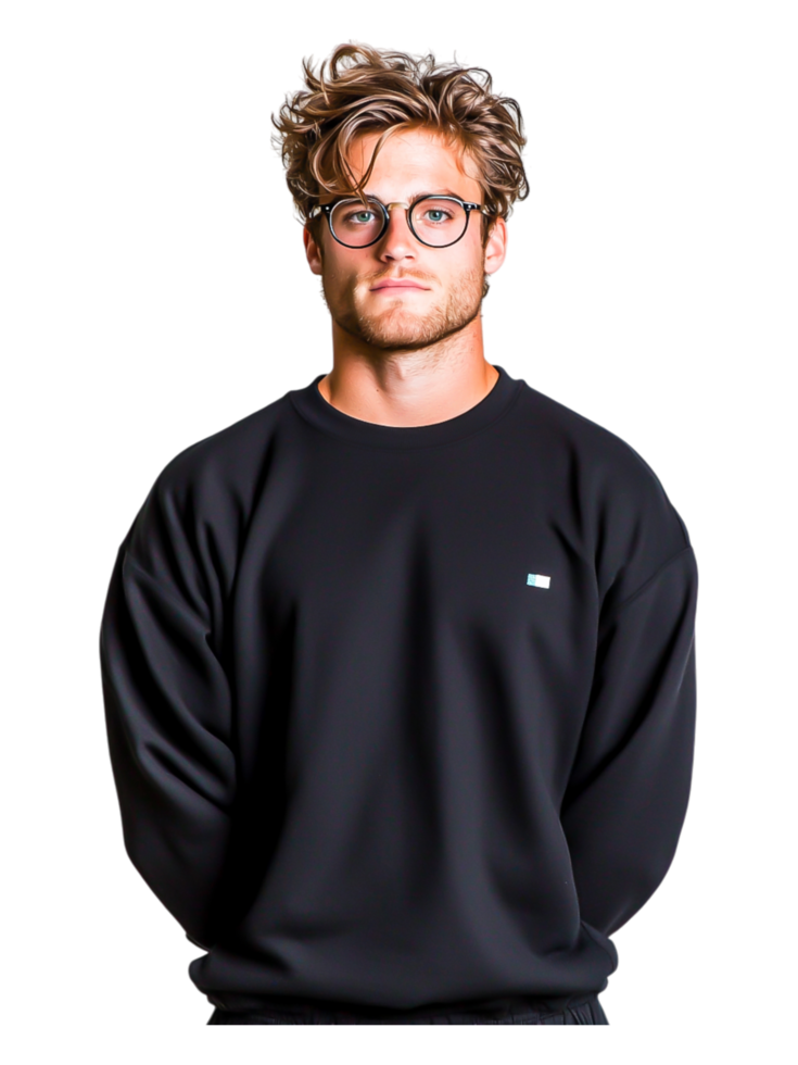 Young Man with Glasses in Black Sweatshirt Against png