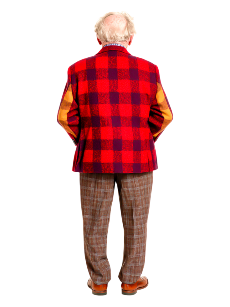 Stylish Elderly Man in Colorful Jacket and Patterned Pants from Behind png