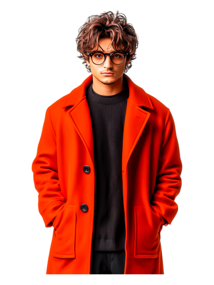 Young Man in Stylish Orange Coat with Formal Look and Glasses png