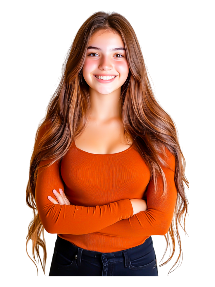 Confident Young Woman with Long Hair Smiling in a Studio Setting png