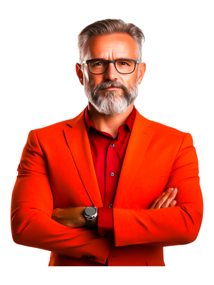Confident Businessman in Bright Orange Suit with Stylish Glasses png