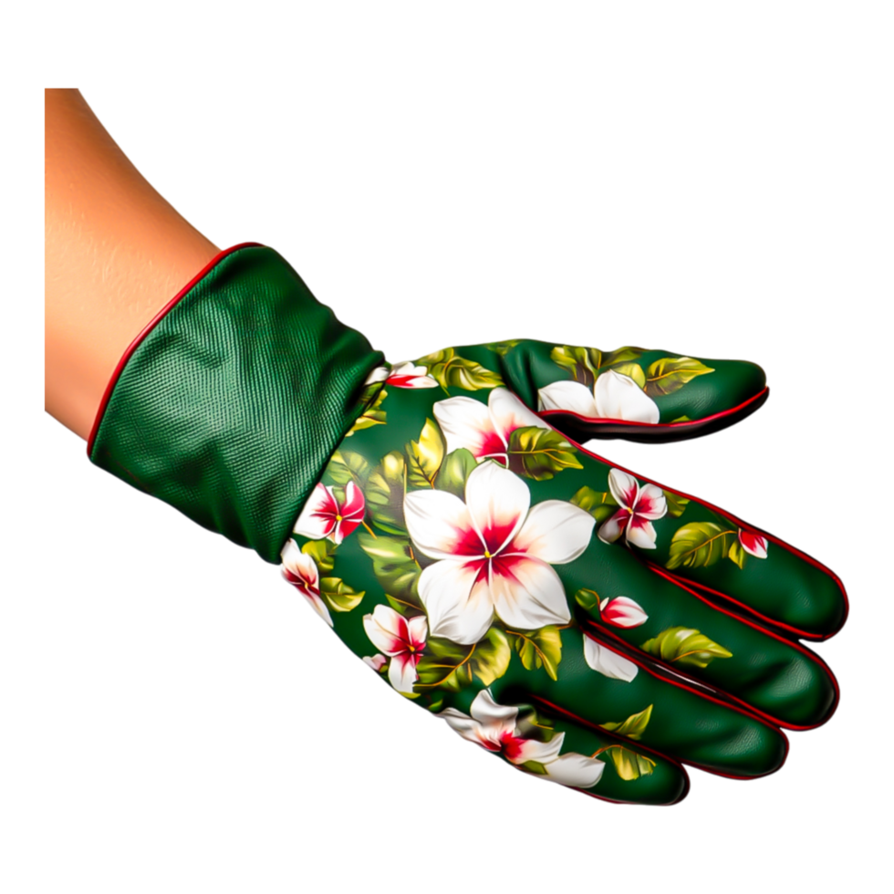 Vibrant Floral Gardening Glove on Hand for Outdoor Plant Care png