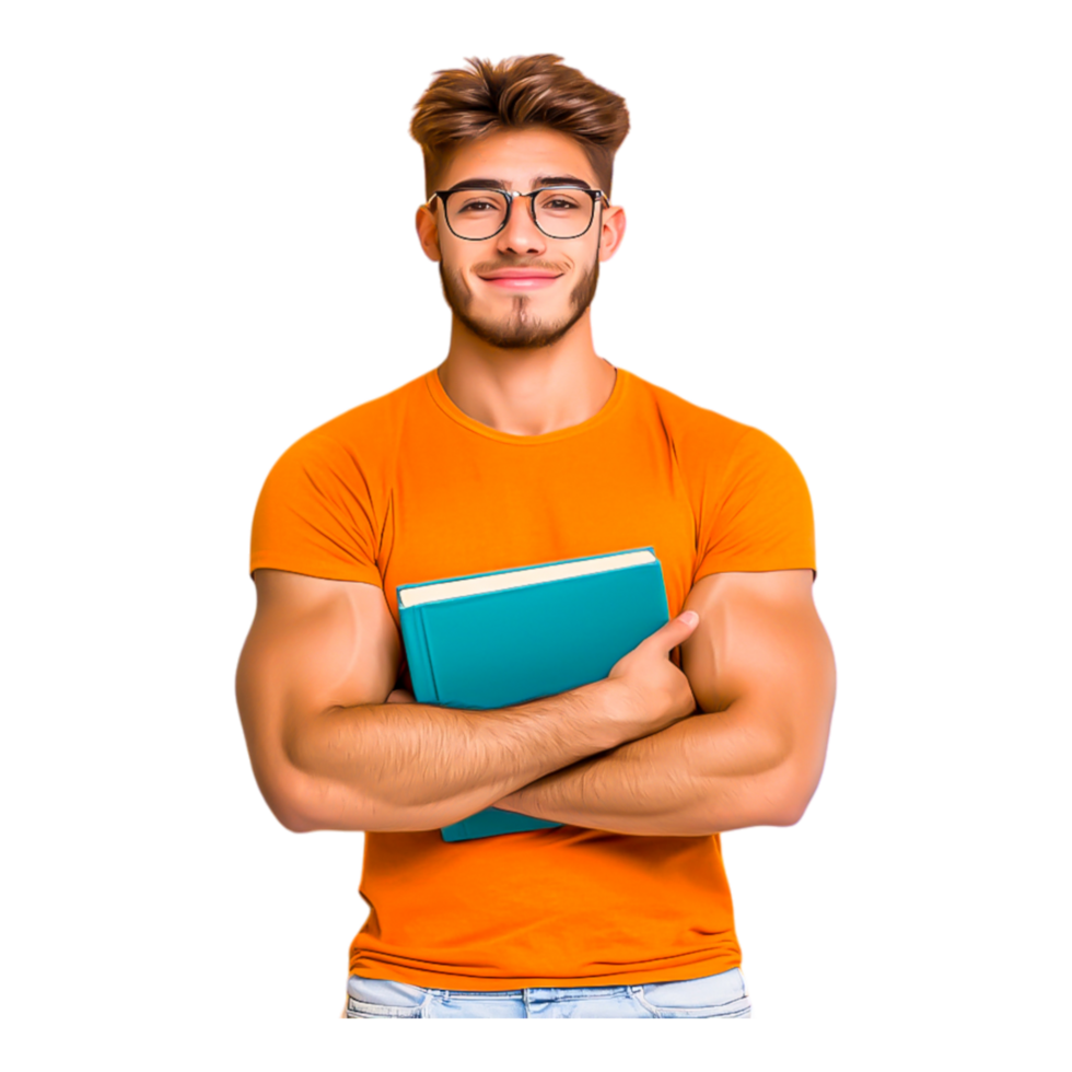 Young Man in Glasses Smiling with Books in Orange Shirt png