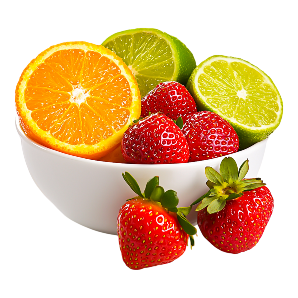 Fresh Citrus and Strawberries in White Bowl png