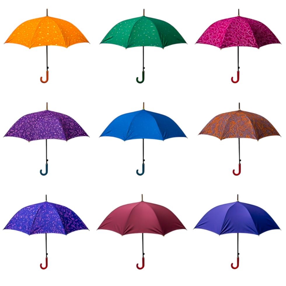 Colorful Array of Nine Unique Umbrellas png