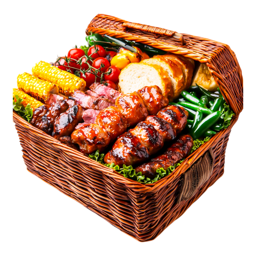 Delicious Grilled Meal in a Picnic Basket with Fresh Vegetables png