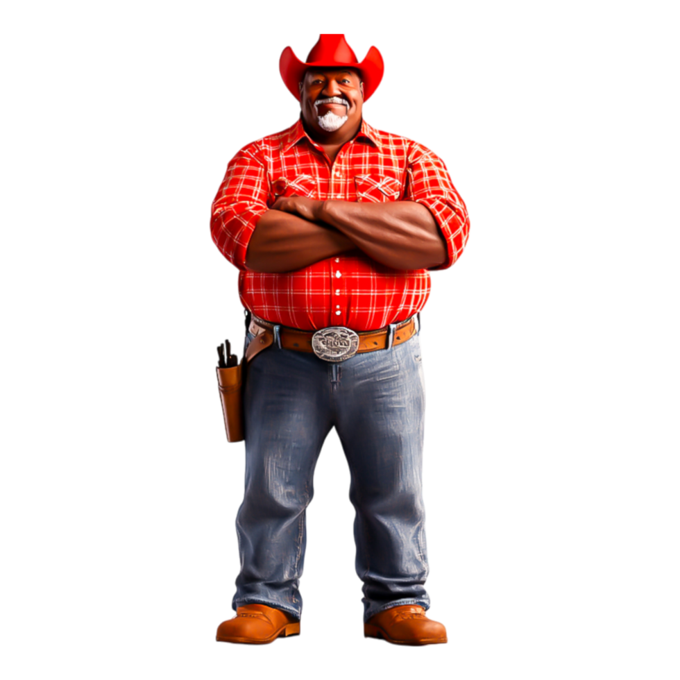 Confident Cowboy Character with Red Checkered Shirt and Gunbelt png