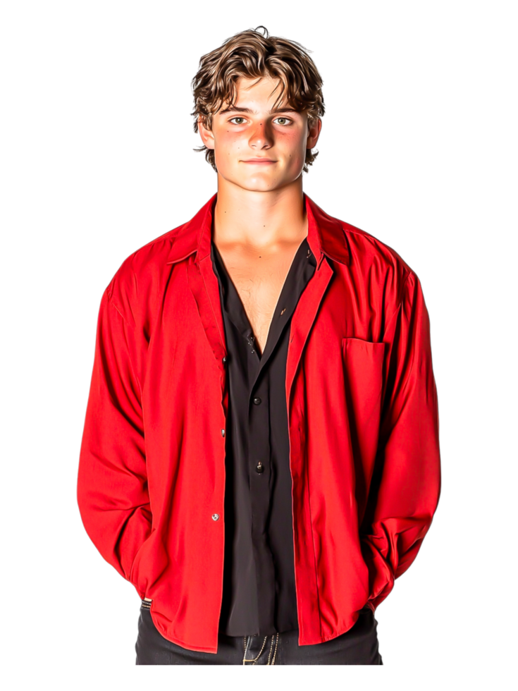 Young Man in Red Jacket with Confident Pose in Studio Lighting png