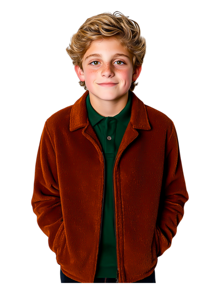 Young Boy in Brown Jacket with Confident Smile and Bright Eyes png