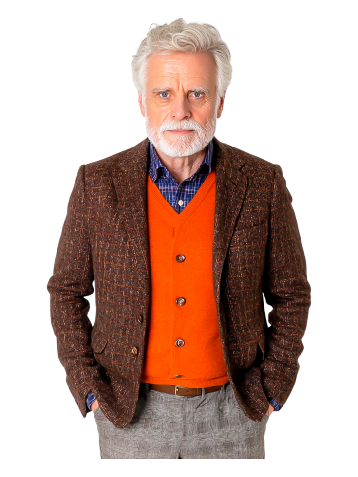 Stylish Elderly Man in Casual Outfit with Sweater and Blazer png