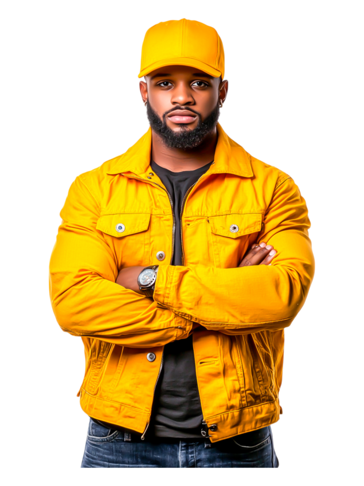 Young man in bright yellow jacket and cap posing confidently png