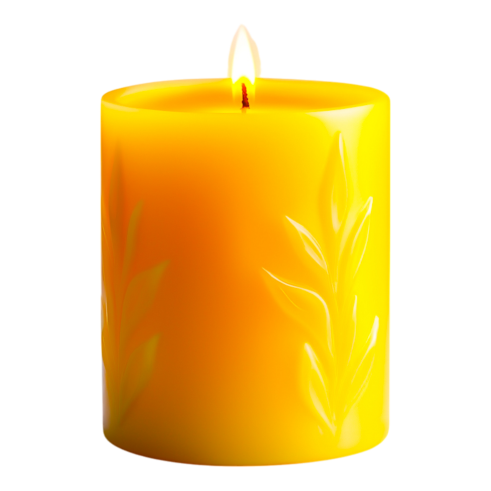 Bright Yellow Candle with Leaf Design in a Soft Glow Setting png