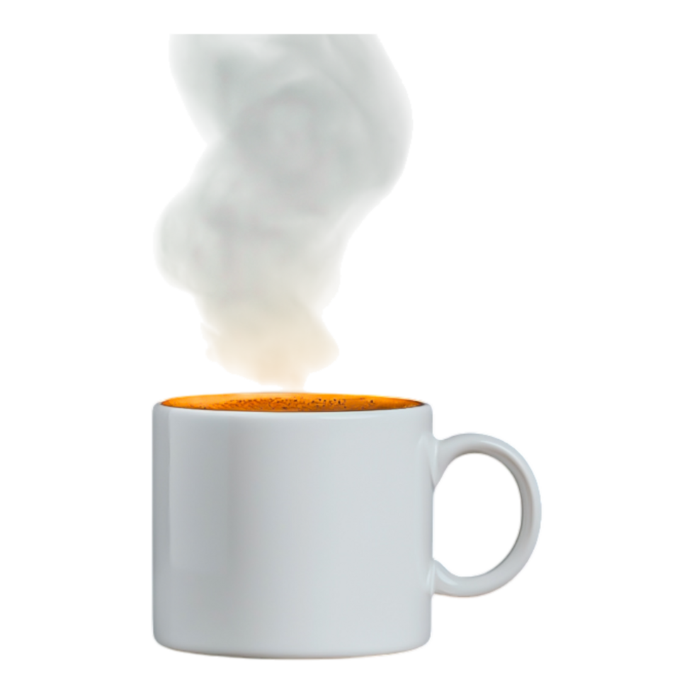 White Coffee Mug with Steaming Hot Beverage Against Plain Background png