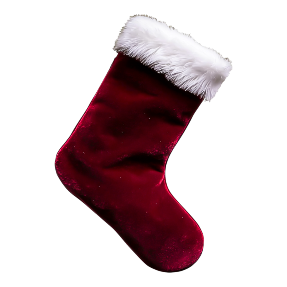 Red Velvet Christmas Stocking with White Fur Trim and Sparkle png
