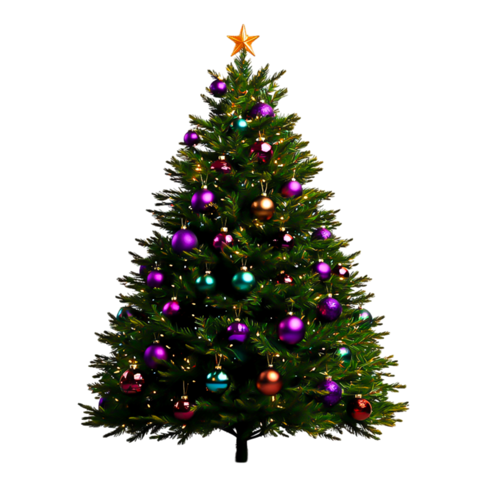 Vibrant Christmas Tree with Colorful Ornaments and Star Topper png