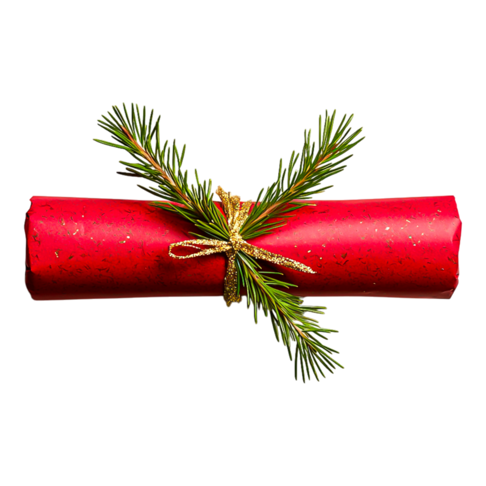 Red Christmas Cracker with Pine Branch and Gold Ribbon Decoration png