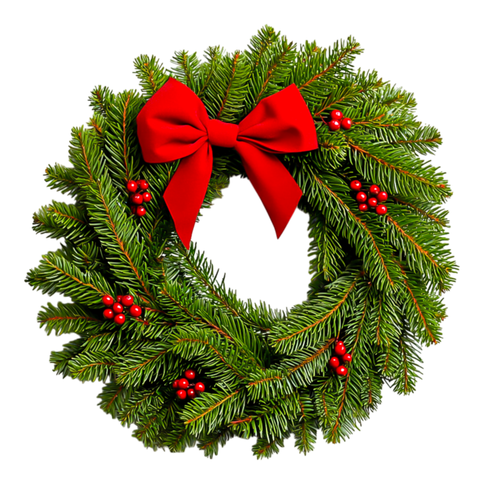 Festive Christmas Wreath with Red Bow and Decorative Berries png