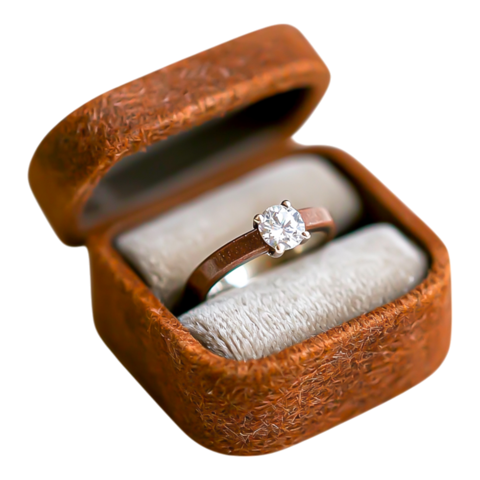 Elegant diamond engagement ring in a vintage brown box png
