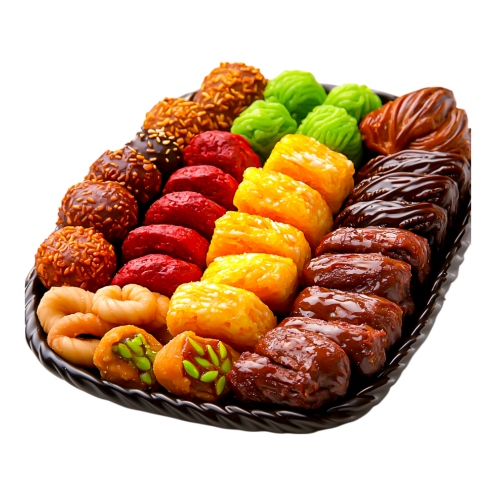 Assorted Colorful Traditional Sweets on a Black Tray Display png