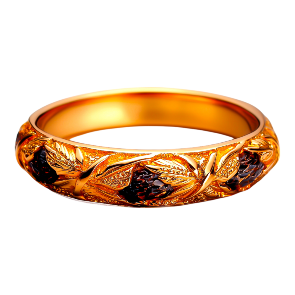 Elegant Gold Ring with Intricate Leaf Design and Black Stones png