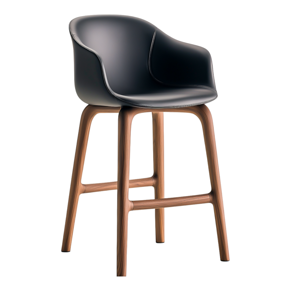 Elegant Modern Bar Stool with Sleek Black Seat and Wooden Legs png