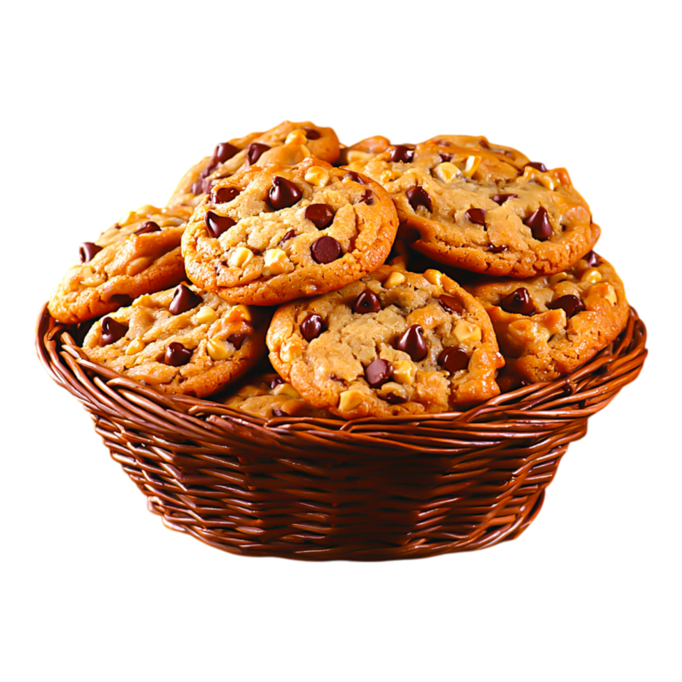 Freshly Baked Chocolate Chip Cookies in a Rustic Basket png