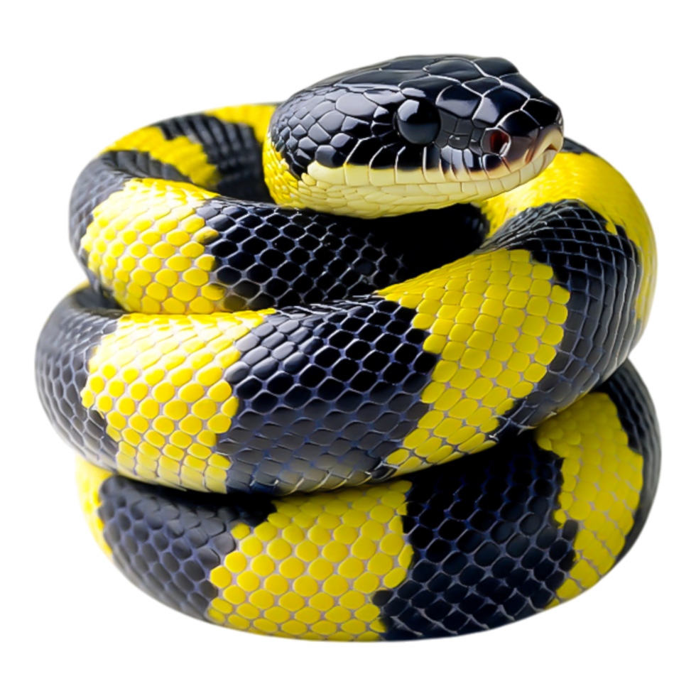 Vibrant Yellow and Black Snake Coiled on a Reflective Surface png