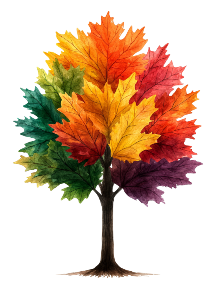 Vibrant Watercolor Tree with Colorful Leaves in Autumn Palette png