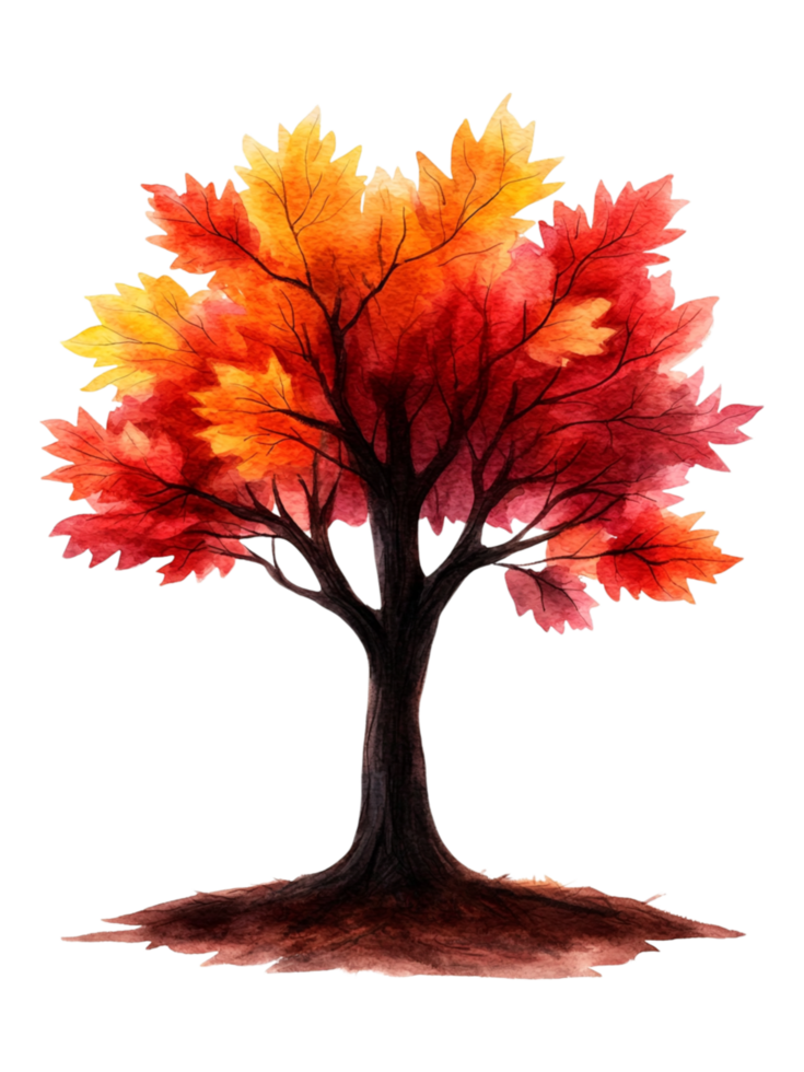 Vibrant Autumn Tree with Red and Yellow Leaves in Watercolor Style png
