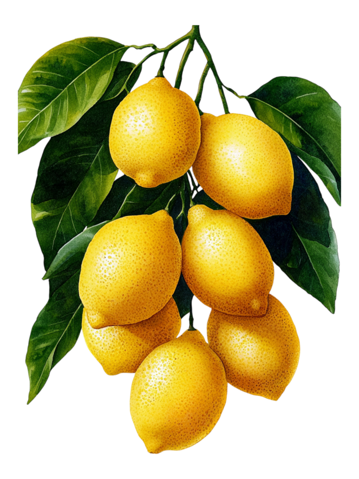 Freshly Picked Lemons with Green Leaves Hanging on Branch png