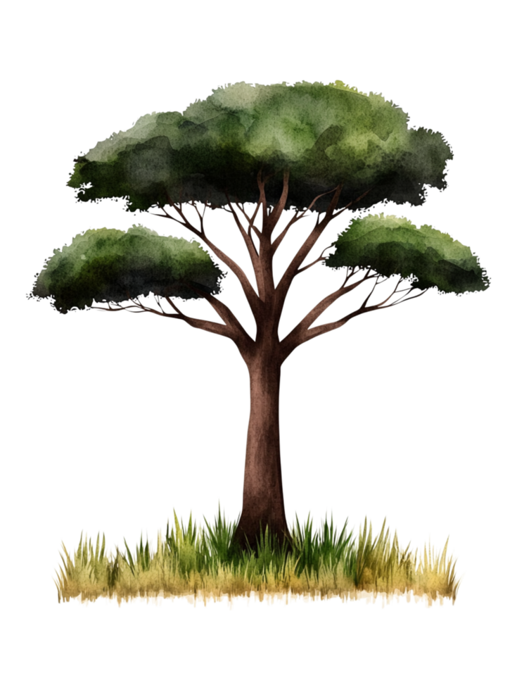Detailed Watercolor Illustration of a Single Tree with Green Foliage png