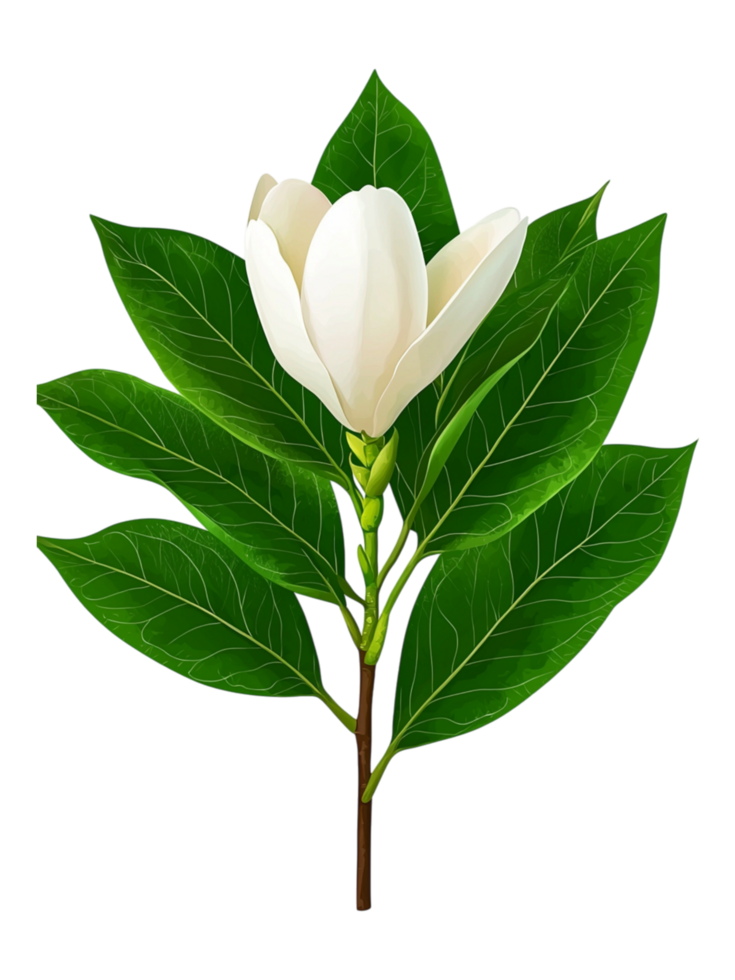 Elegant White Magnolia Flower with Lush Green Leaves on Stem png
