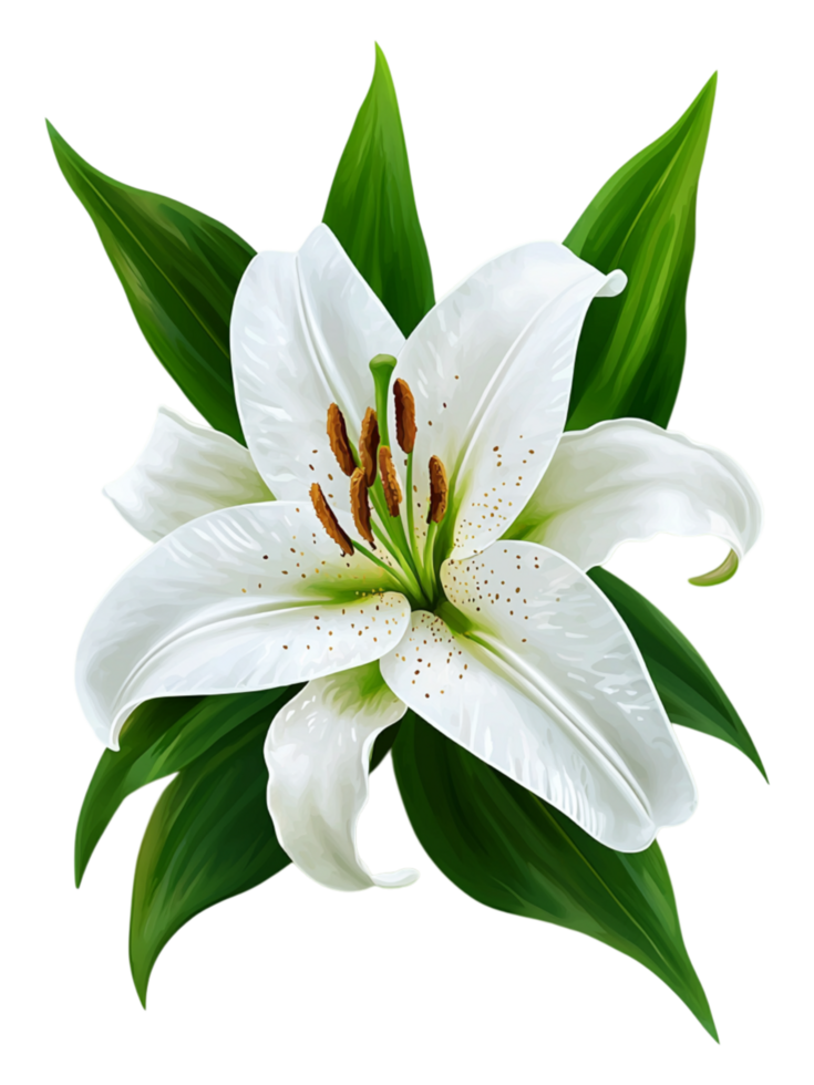 Beautiful White Lily with Green Leaves in Detailed Floral Design png