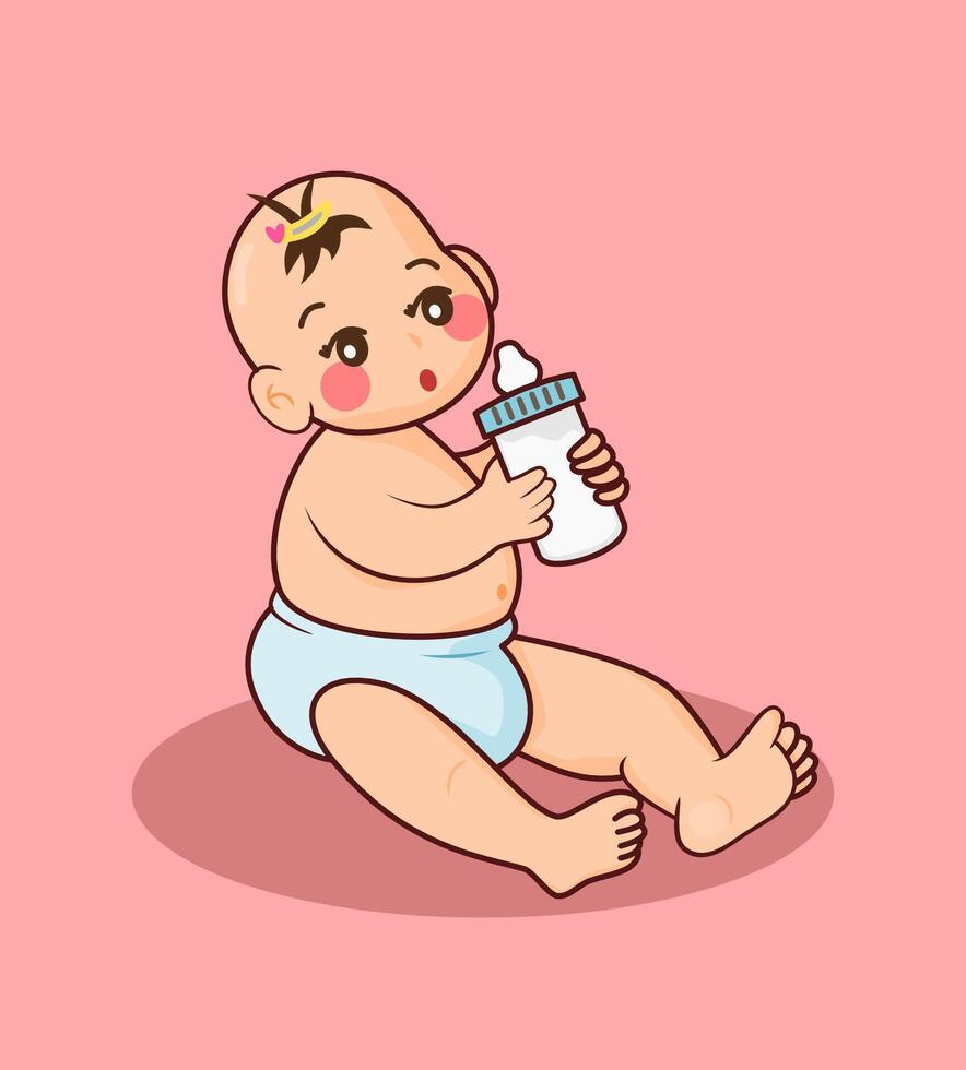 cute baby girl holding a bottle of milk on pink backround vector