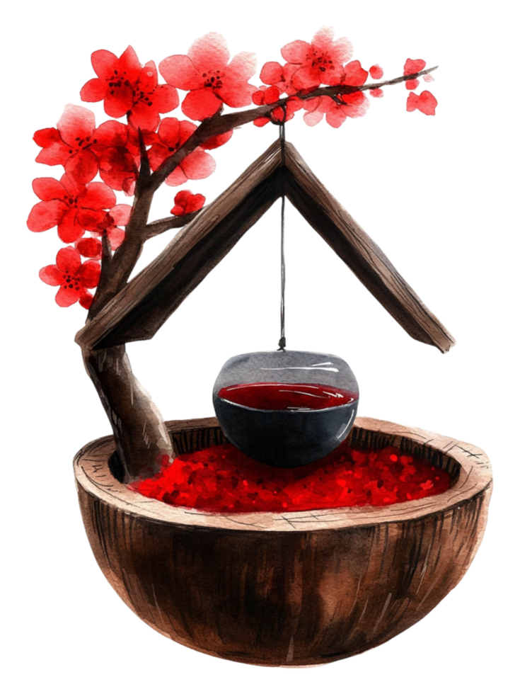 Serene Japanese Garden with Tea Ceremony and Cherry Blossom Tree png